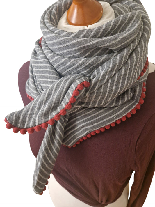 Dreieckstuch Damen Virginie, Schal Damen, Musselinschal, schwarz-hellgrau, Streifen