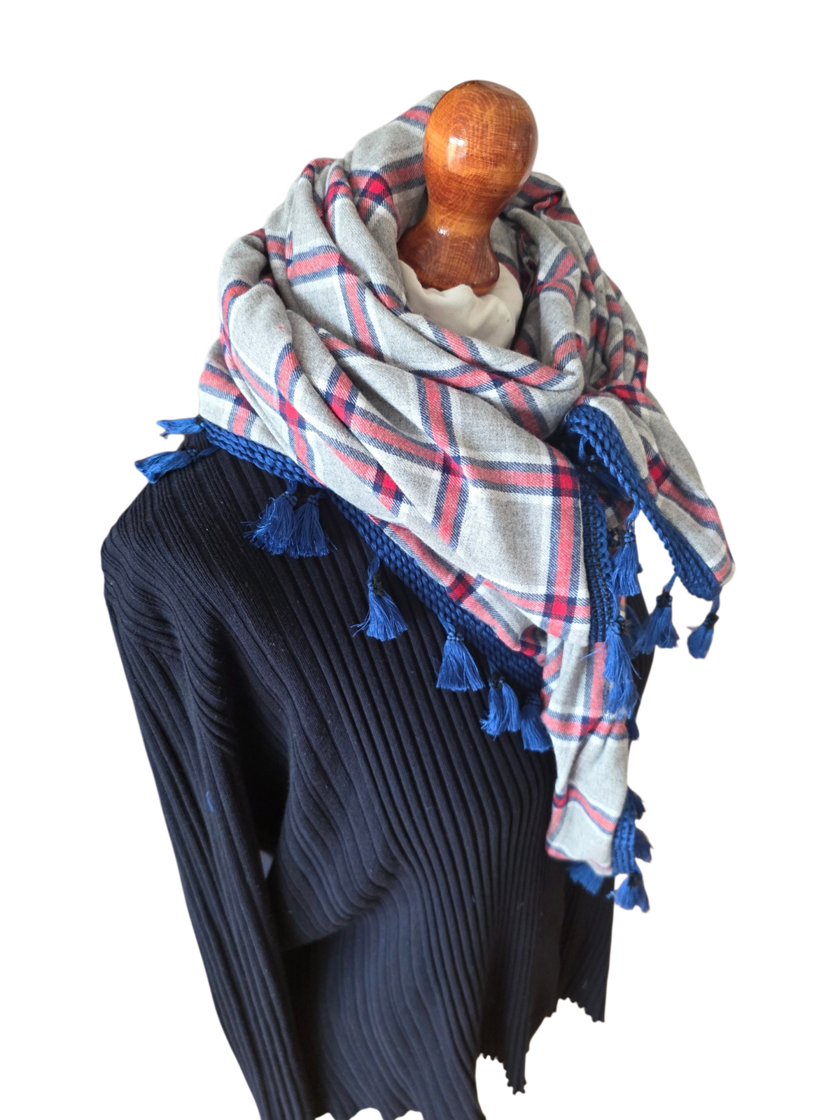 Dreieckstuch Damen Milla, Schal Damen, kariert, hellgrau, rot, blau, Flanell