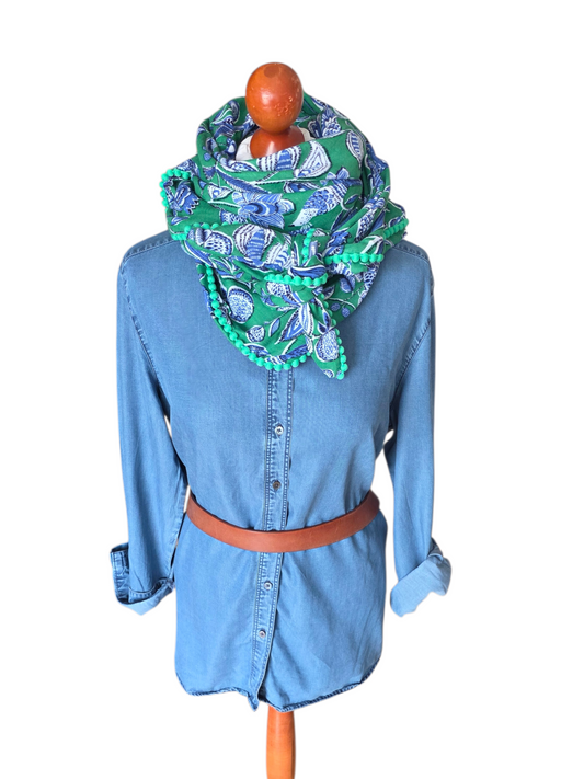 Dreieckstuch Damen Sabrina, Schal Damen, Musselintuch, grün, jeansblau