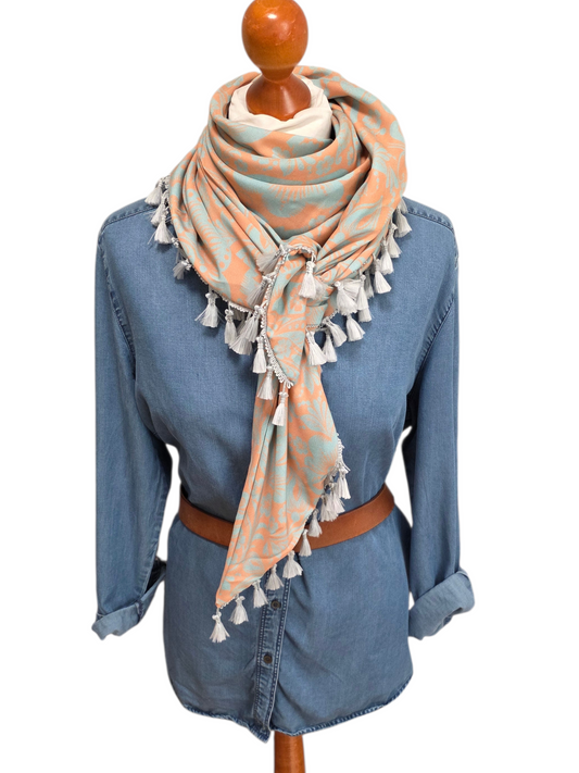 Dreieckstuch Damen Floriana, Schal Damen, peach, hellgrau, blumen