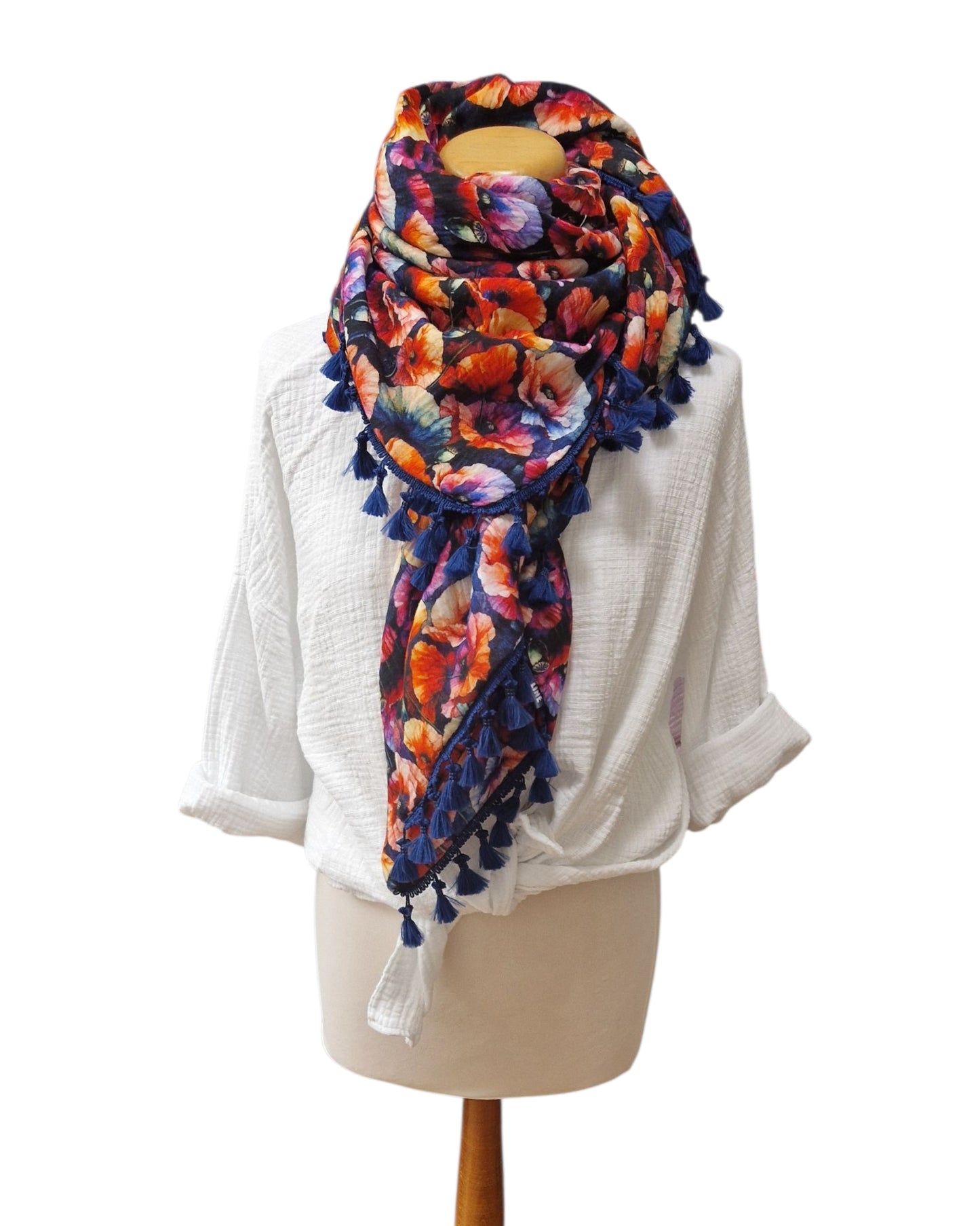 Dreieckstuch Damen Camille,Schal Damen, Musselinschal, Blumen, orange, Blau, rot