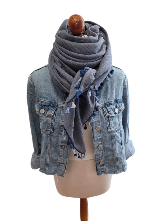 Dreieckstuch Damen Sarah, Schal Damen. Musselintuch, jeansblau melange