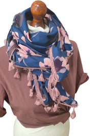 Dreieckstuch Damen Silla, Schal Damen, Blumen, Rauchblau, Rosa,  Bordeaux,  Braun