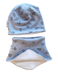 Kindermütze und Schlupfschal in Baumwolle und Fleece, jeansblau mit Luftfahrzeuge