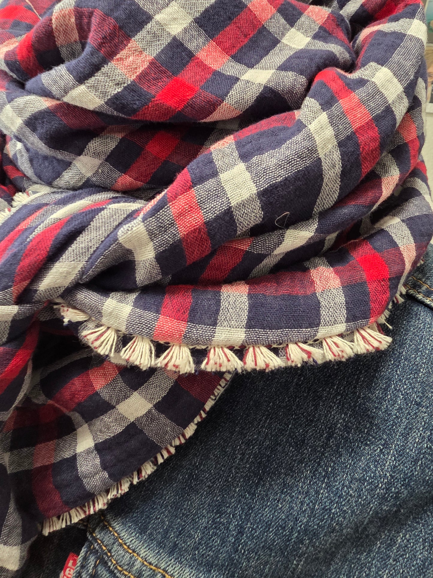 Dreieckstuch Damen Anouk, Schal Damen, Musselintuch, karo, rot, weiss, blau