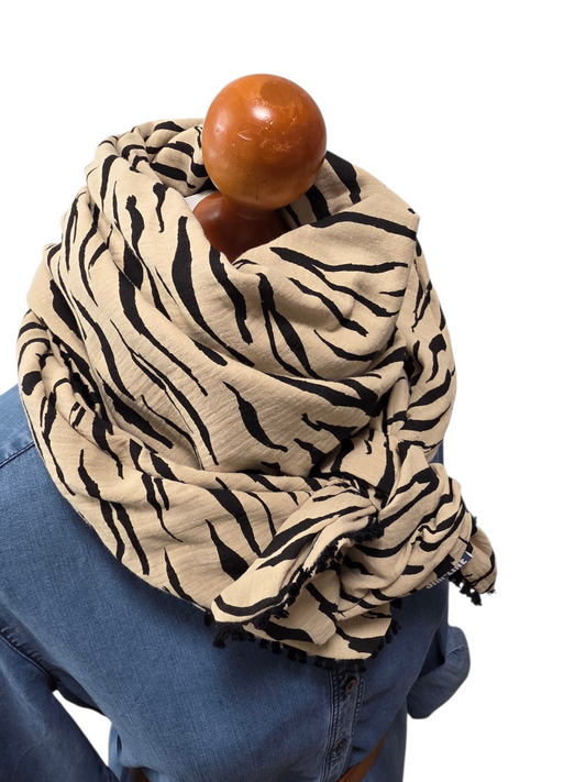 Dreieckstuch Damen Mariebelle, Schal Damen,  Musselintuch,  Zebramuster,  beige-schwarz