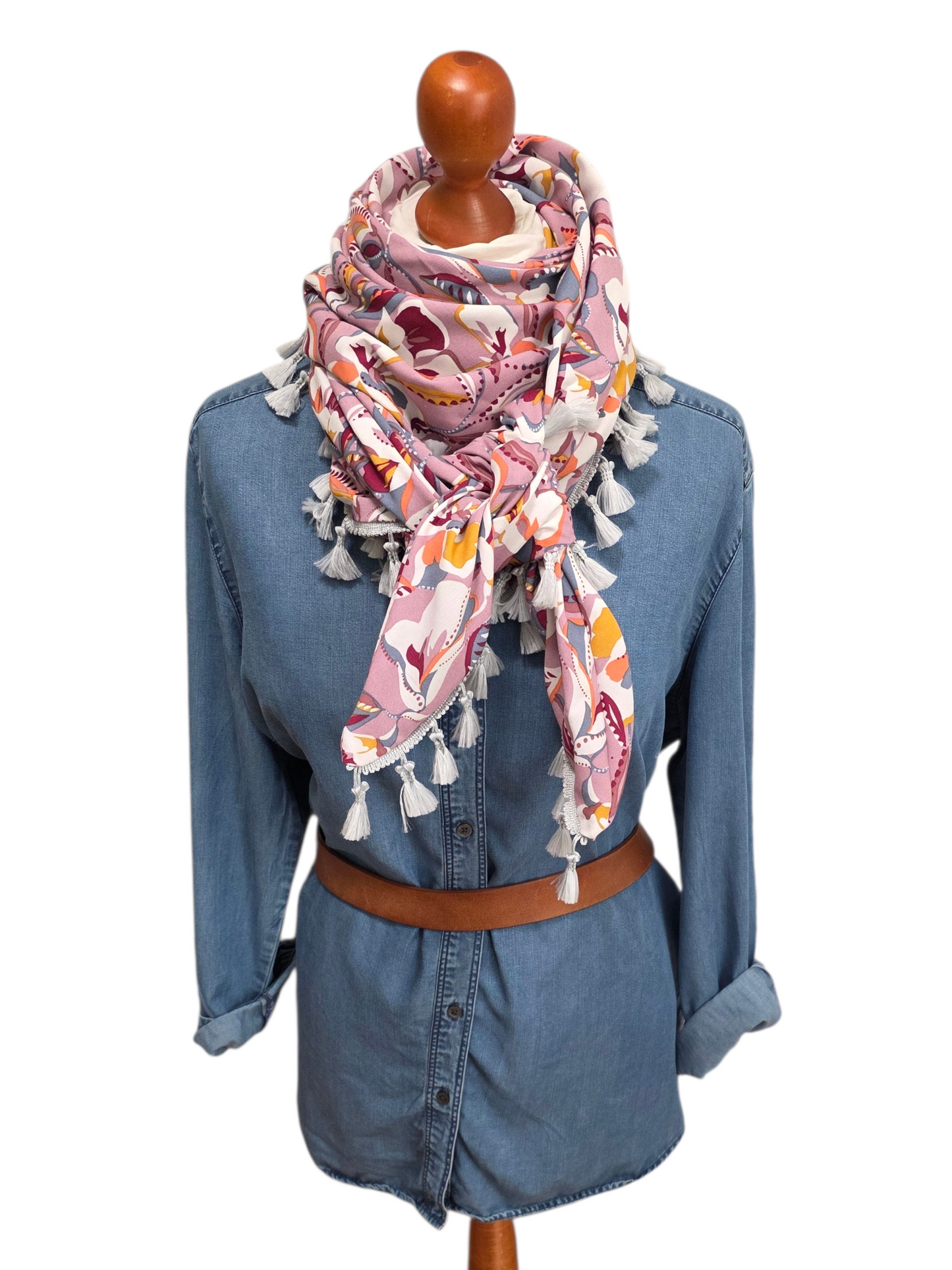 Dreieckstuch Damen Dora, Schal Damen, Blumen, rosa-lila, hellgrau, orange