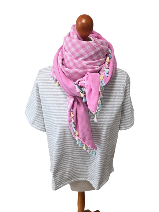 Dreieckstuch Damen Alexandra, Schal Damen, Musselinschal, karo, pink-weiss