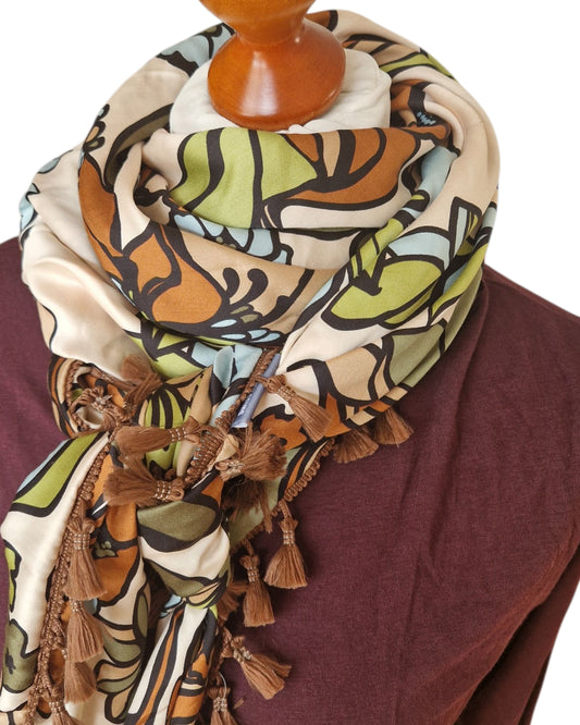 Dreieckstuch Damen Clémence, Schal Damen,  Viskose-Satin,  Blumen, olivegrün,  hellblau,  braun