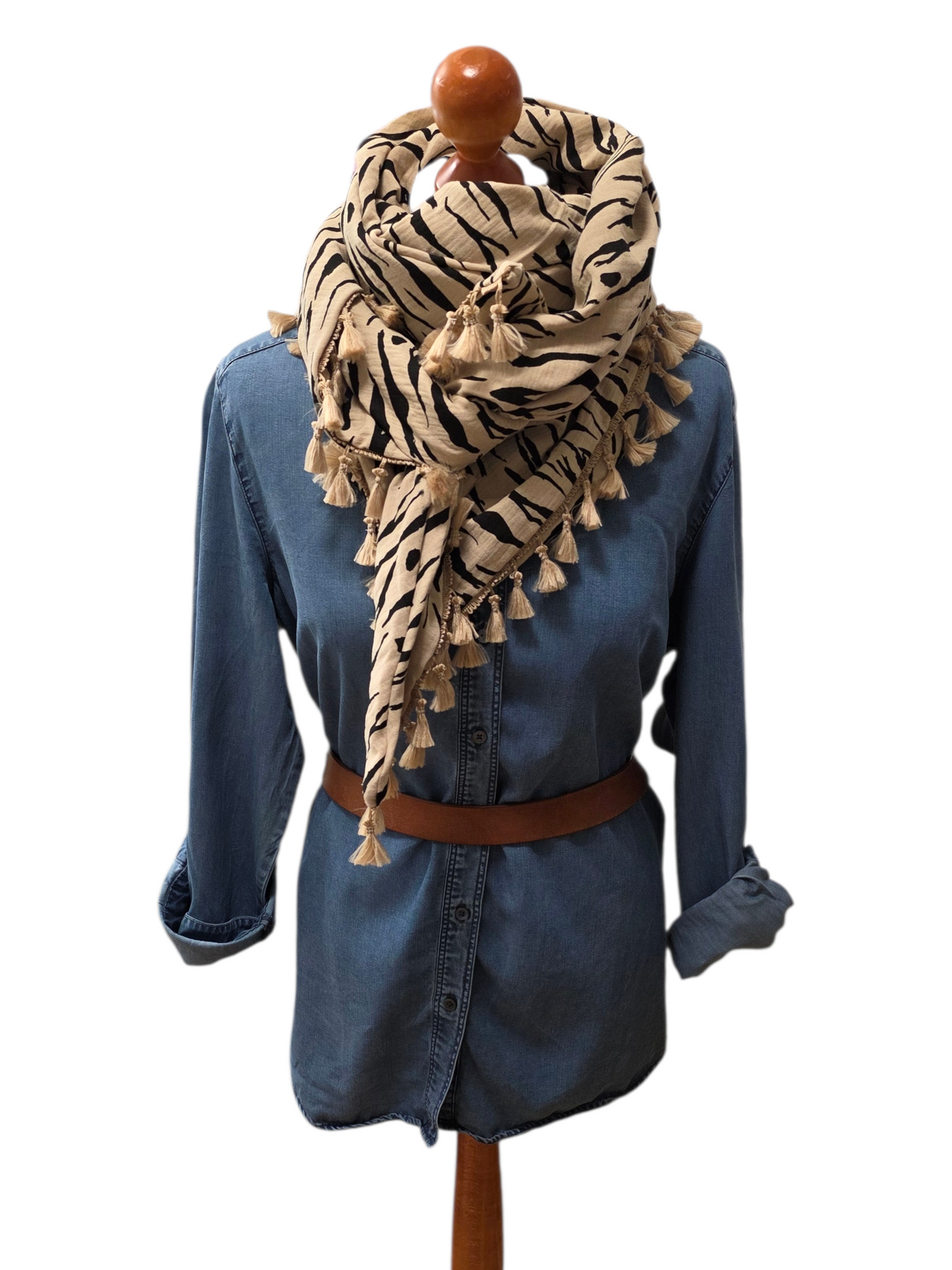 Dreieckstuch Damen Michelle,  Schal Damen,  Musselintuch,  Zebramuster,  schwarz - beige