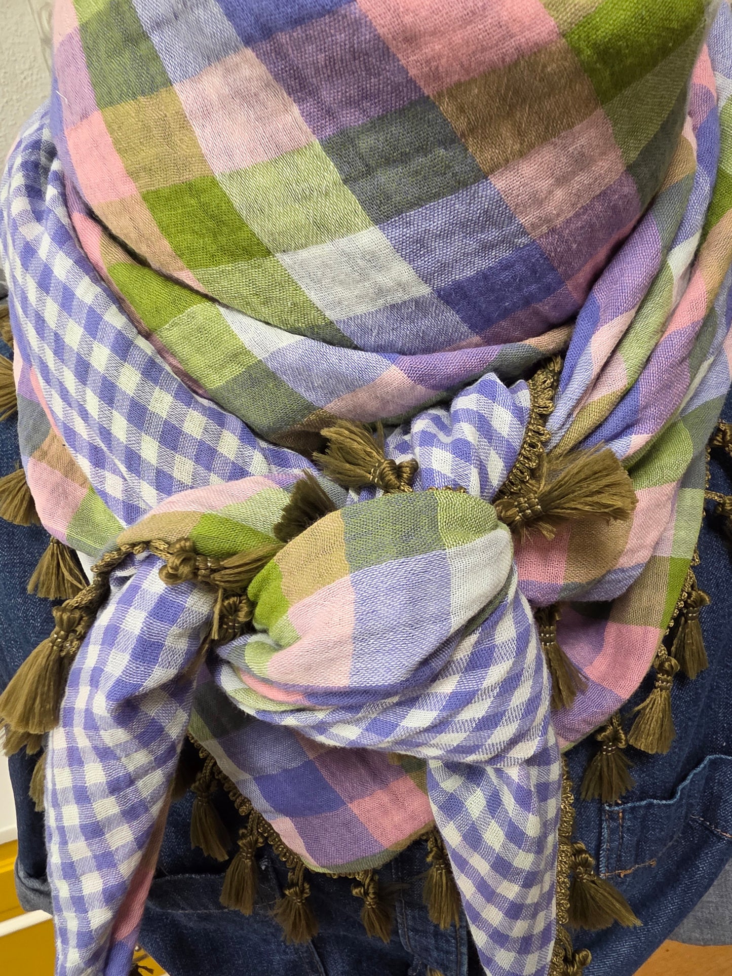 Dreieckstuch Damen Iva, Schal Damen,  Musselintuch,  Karomuster, rosa, lila, olivegrün