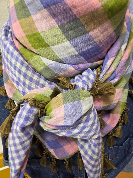 Dreieckstuch Damen Iva, Schal Damen,  Musselintuch,  Karomuster, rosa, lila, olivegrün