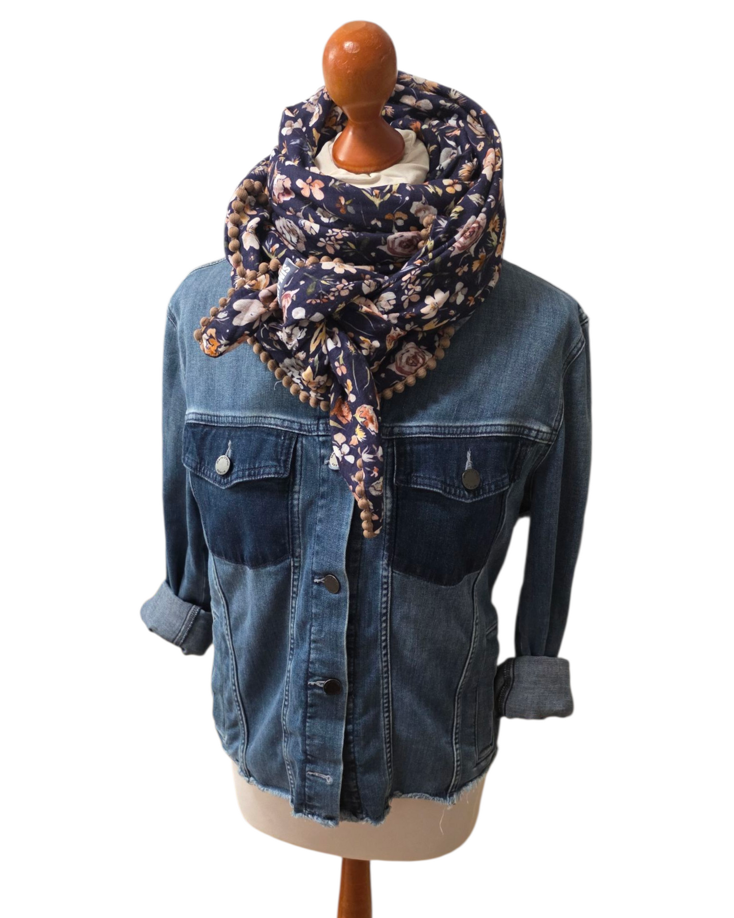 Dreieckstuch Damen Christine, Schal Damen, Musselintuch , Blumen, marineblau