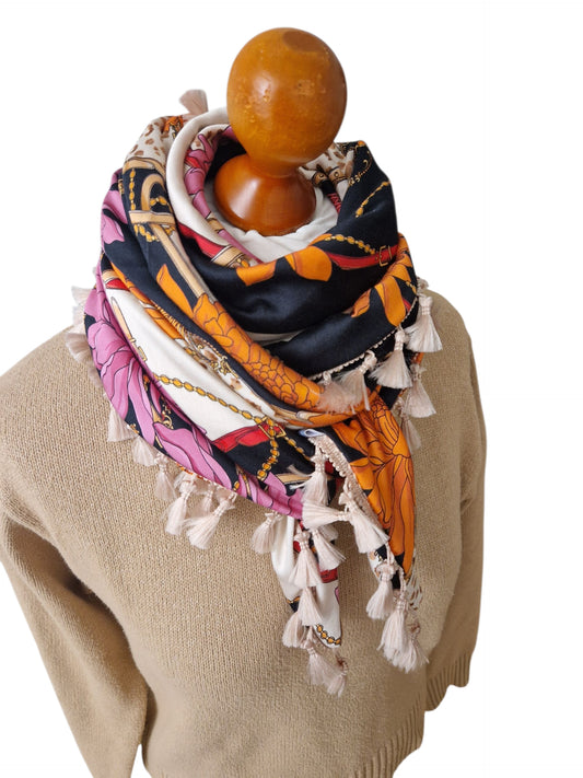 Dreieckstuch Damen Sylvie, Schal Damen, schwarz,  pink  orange, Leo, beige