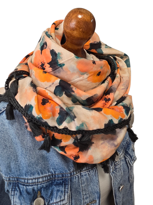 Dreieckstuch Damen Cora, Schal Damen, Blumen, Corall, Peach, Petrolgrün, Anthrazit