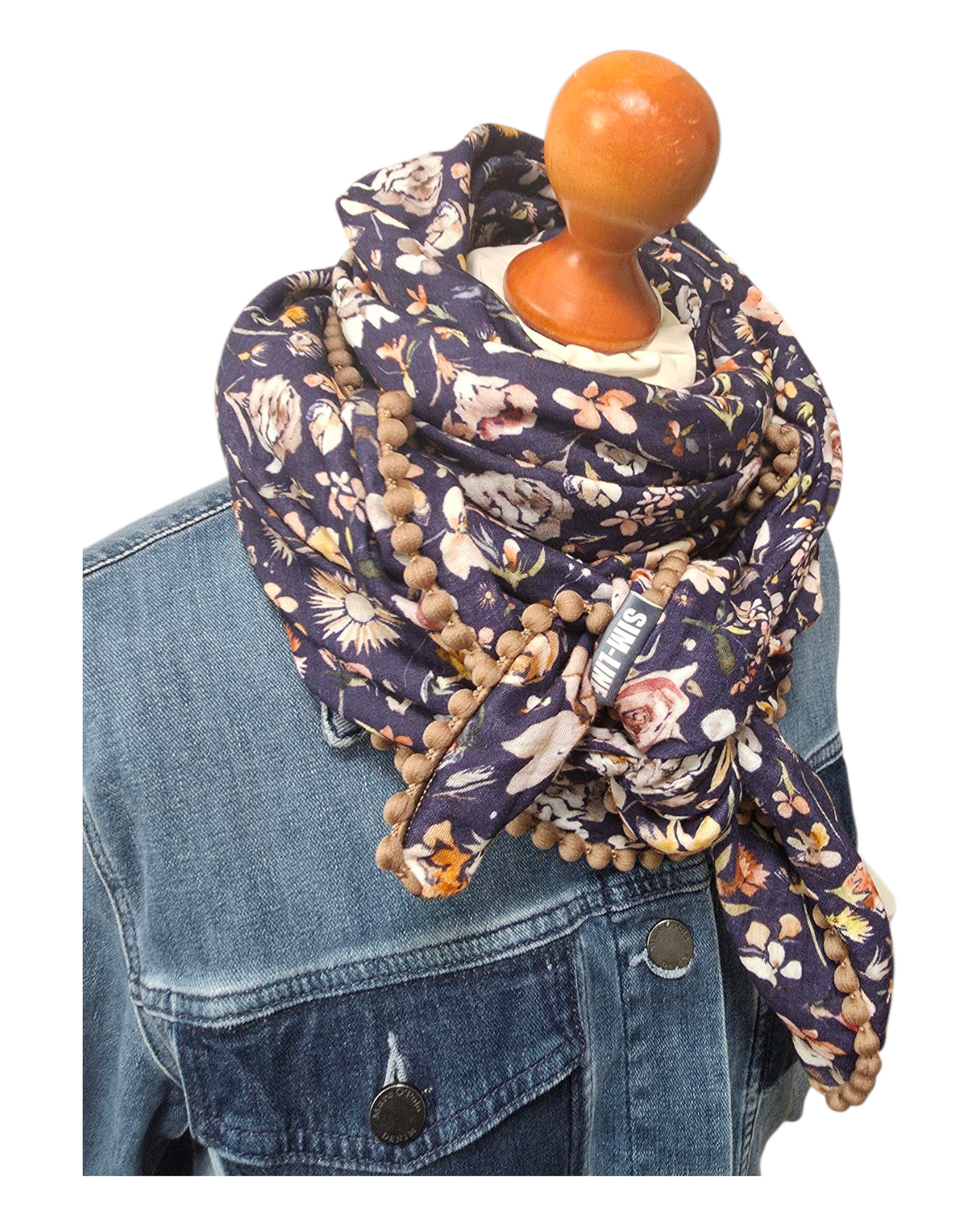 Dreieckstuch Damen Christine, Schal Damen, Musselintuch , Blumen, marineblau