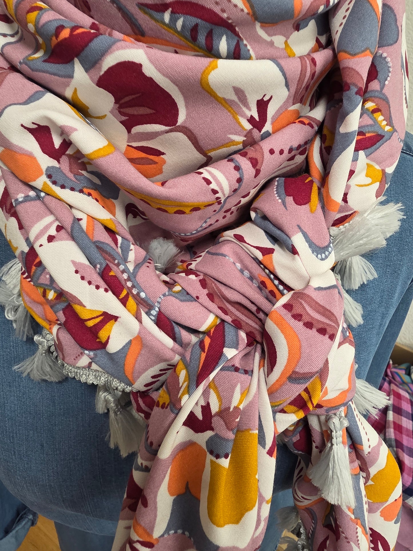 Dreieckstuch Damen Dora, Schal Damen, Blumen, rosa-lila, hellgrau, orange