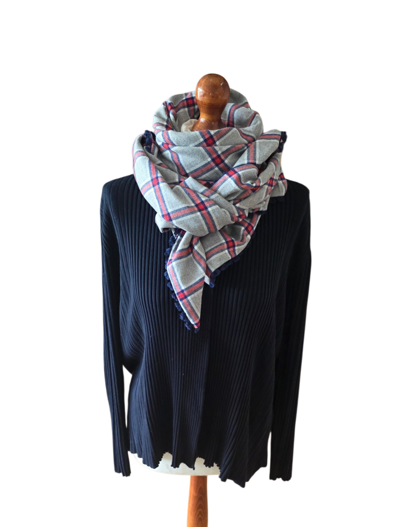 Dreieckstuch Damen Milla, Schal Damen, kariert, hellgrau, rot, blau, Flanell