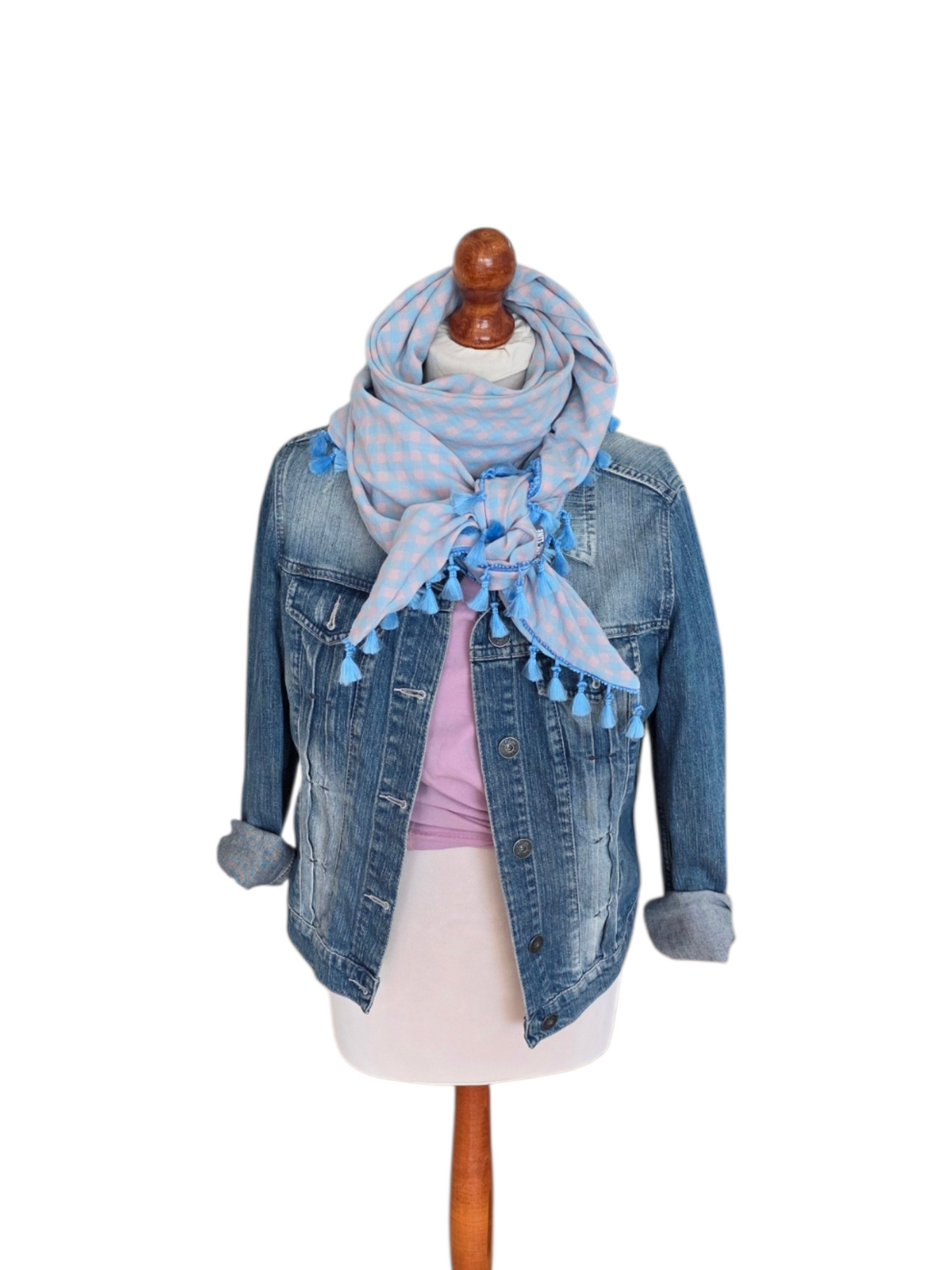 Dreieckstuch Damen Josette, Schal Damen, Seersucker, kariert, hellblau, peach