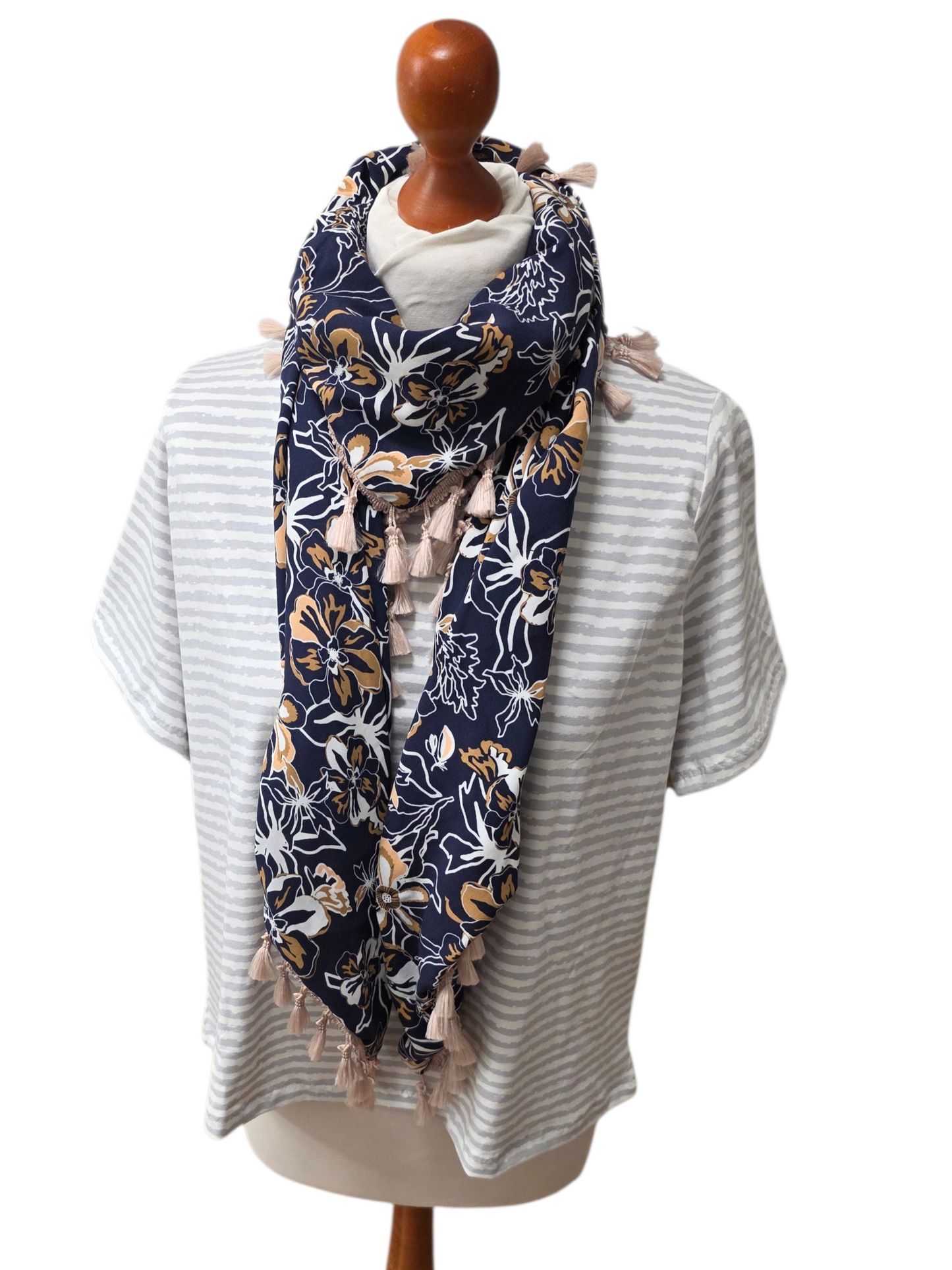 Dreieckstuch Damen Dora, Schal Damen, Blumen, dunkelblau-beige