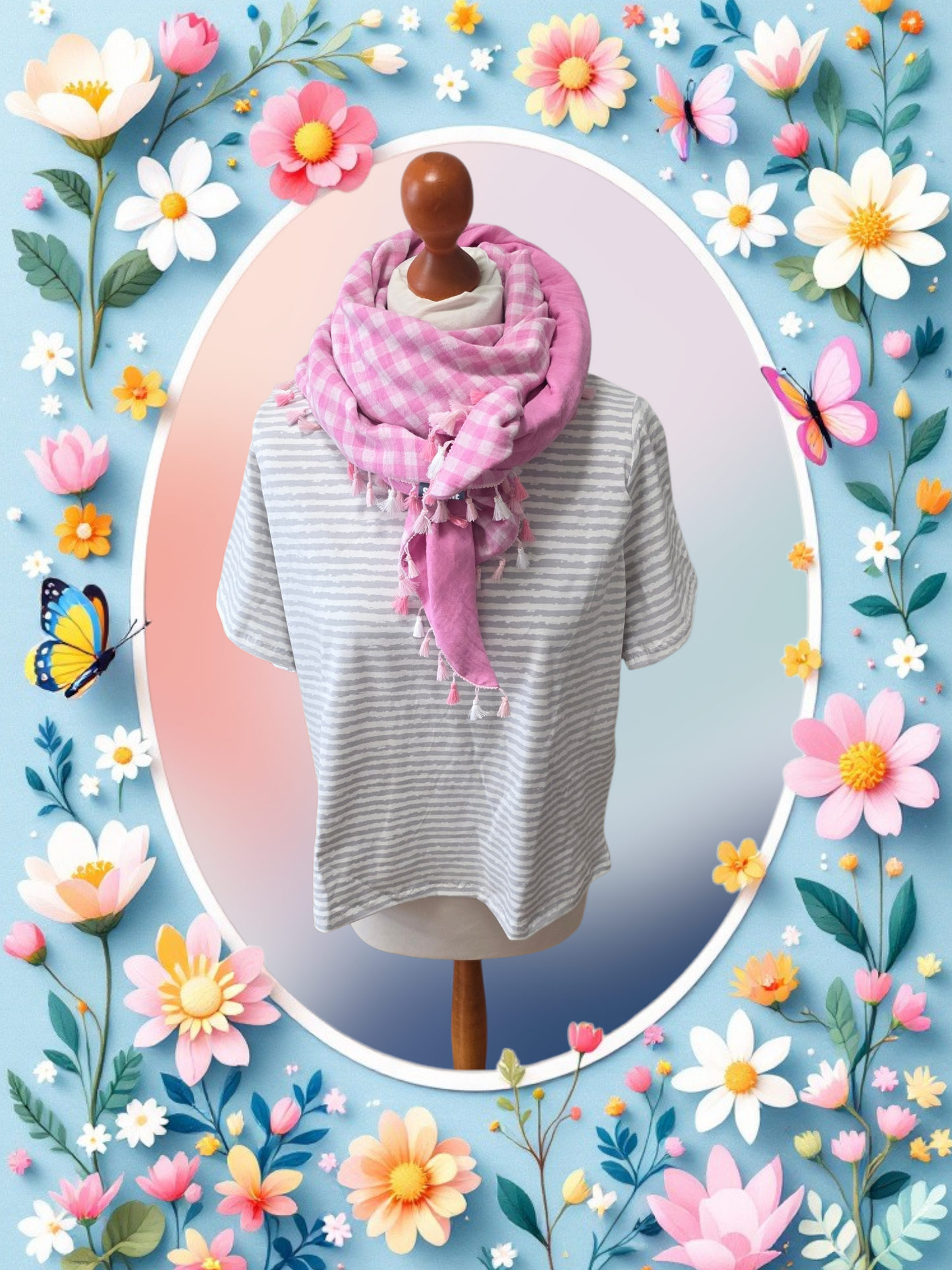 Dreieckstuch Damen Alicia, Schal Damen, Musselinschal, karo, weiss-rosa