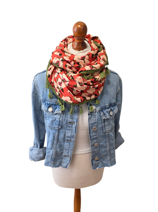 Dreieckstuch Damen Annina, Schal Damen, Blumen, Marsala, Peach, Olivegrün