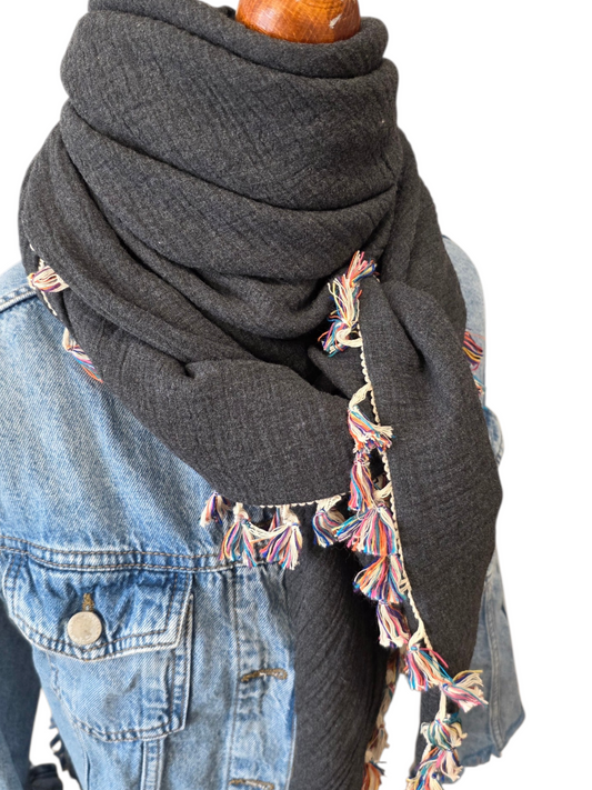 Dreieckstuch Damen Iva, Schal Damen,  Musselintuch,  Anthrazit melange