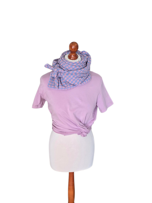 Dreieckstuch Damen Maelle, Schal Damen, Seersucker, kariert, jeansblau-peach