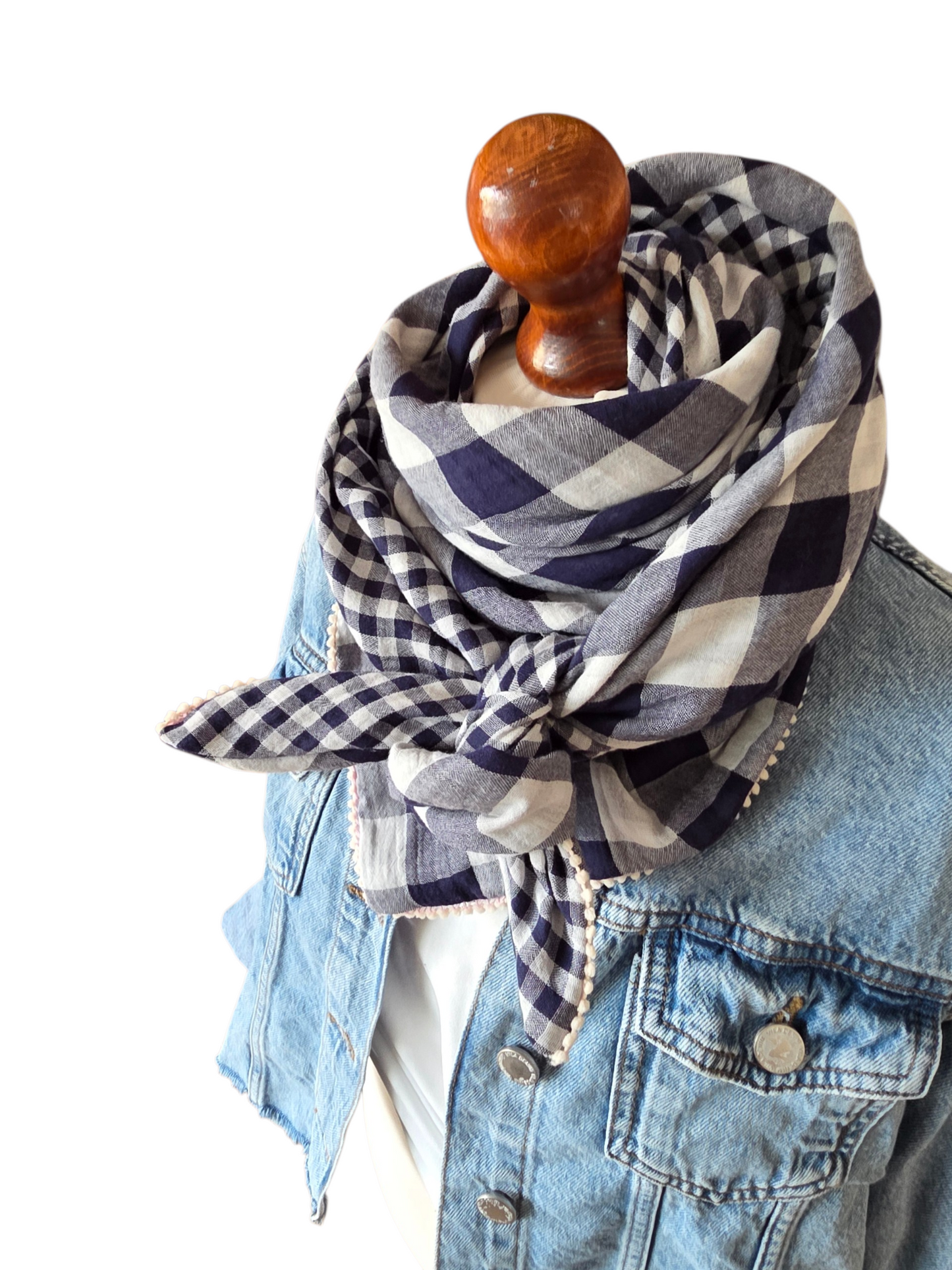 Dreieckstuch Damen Cinzia, Schal Damen,  Musselintuch,  kariert, marineblau- weiss