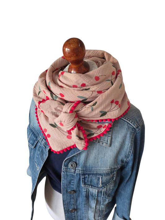 Dreieckstuch Damen Annina, Schal Damen,  Musselintuch,  🍒,  rot, grün, nude