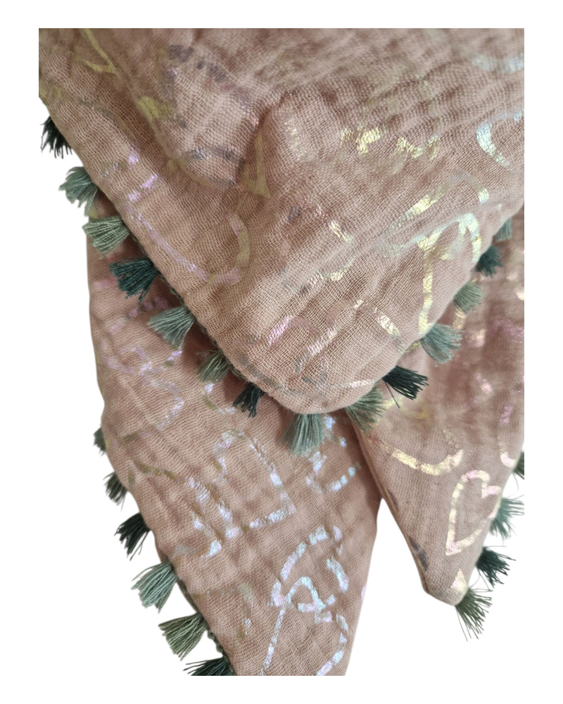 Kinderschal,  Dreieckstuch,  Musselinschal,  rosa mit Glitzerherzen