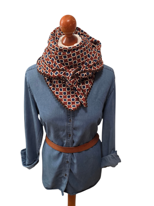 Dreieckstuch Damen Roberta, Schal Damen, geometrische Muster, terra, blau, offwhite