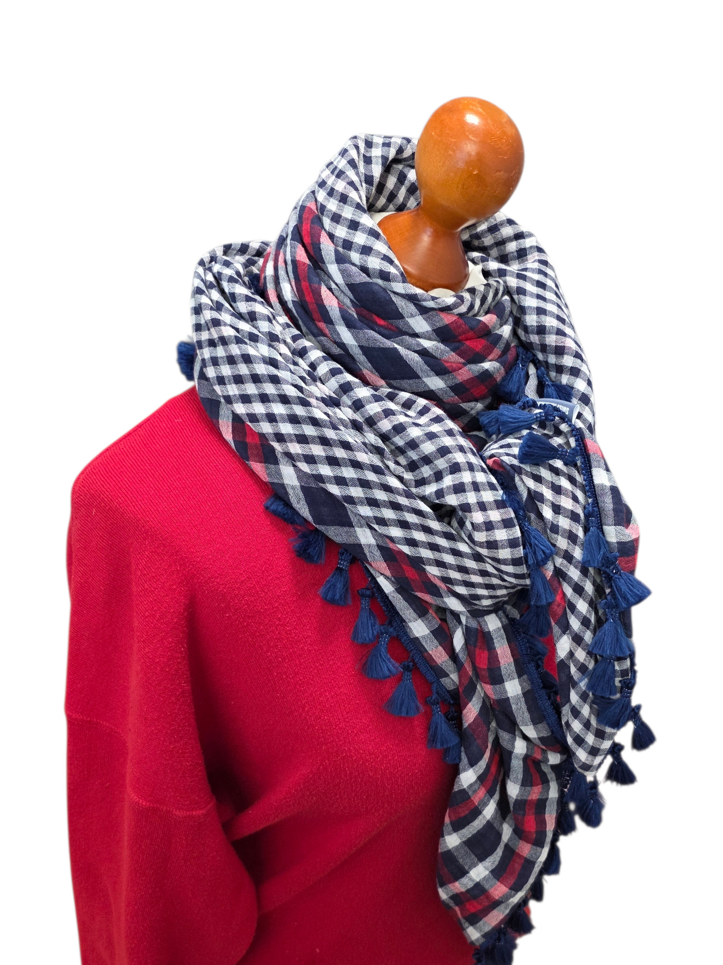 Dreieckstuch Damen Annette, Schal Damen, Musselintuch, kariert, weiss, blau, rot