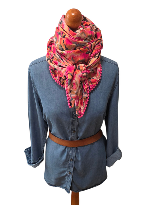 Dreieckstuch Damen Sonja, Schal Damen,  Blumen, pink,  orange,  olivegrün