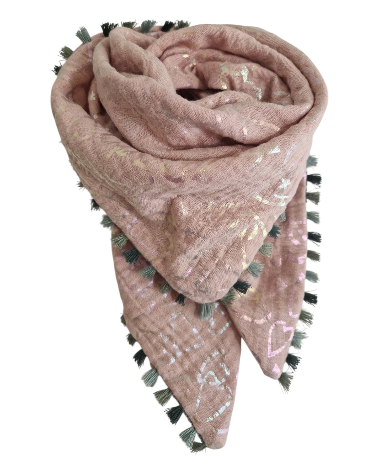 Kinderschal,  Dreieckstuch,  Musselinschal,  rosa mit Glitzerherzen