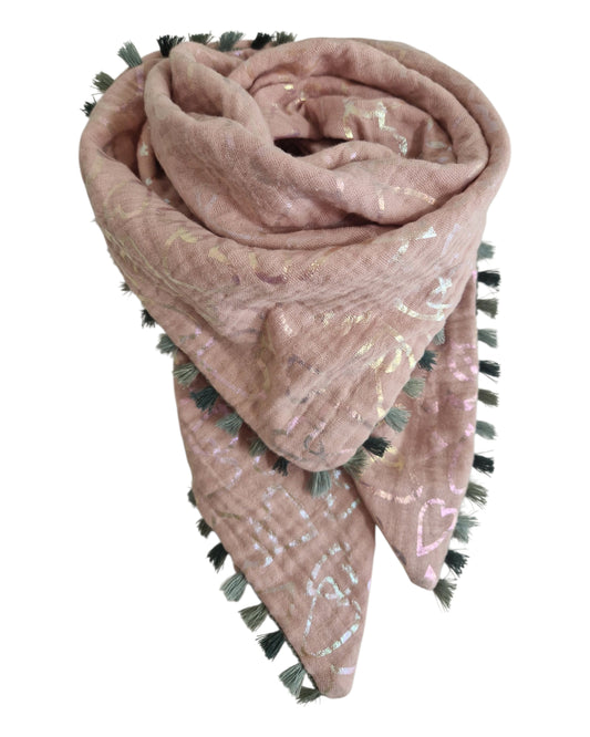 Kinderschal,  Dreieckstuch,  Musselinschal,  rosa mit Glitzerherzen