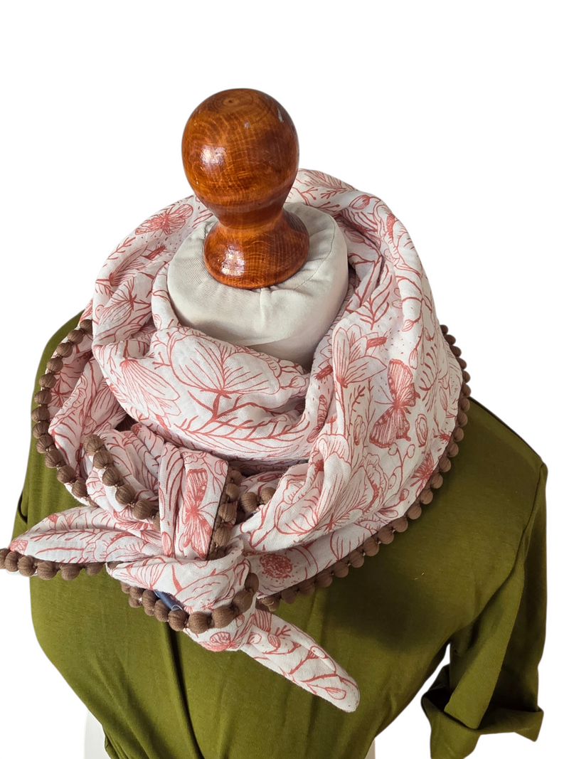 Dreieckstuch Damen Alice, Schal Damen, Musselinschal, weiss , rost, Blumen und Schmetterlinge