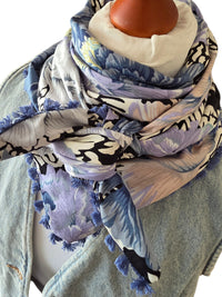 Dreieckstuch Damen Samira, Schal Damen, Pfingstrosen, Lila, blau, rosa, vanille, offwhite,  schwarz