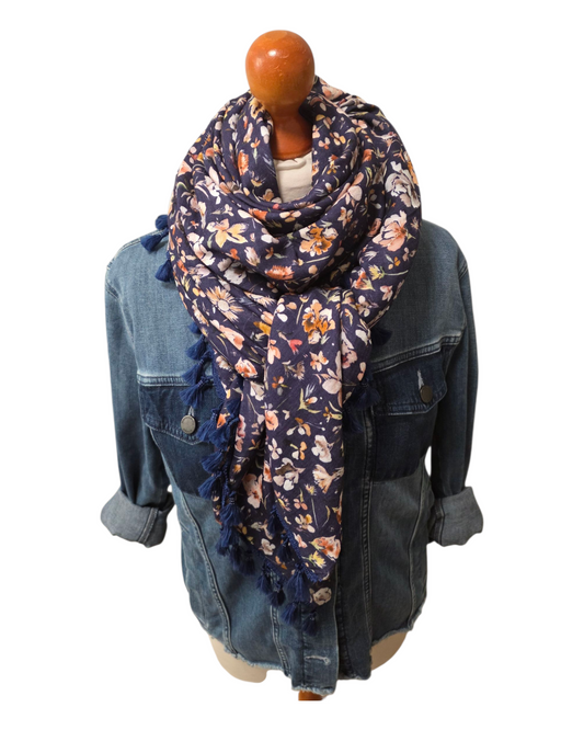 Dreieckstuch Damen Joelle, Schal Damen, Musselintuch, Blumen, marineblau