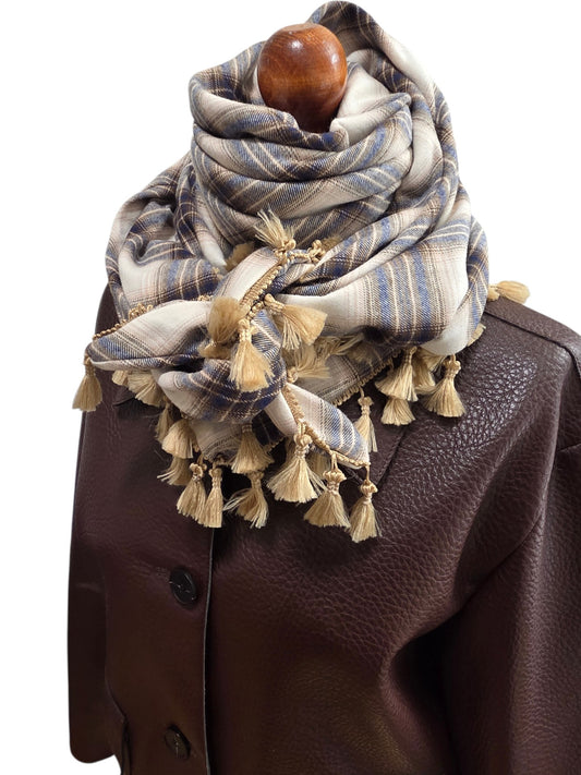 Dreieckstuch Damen Soleil, Schal Damen, kariert, ecrú, brun, dunkelblau, Flanell