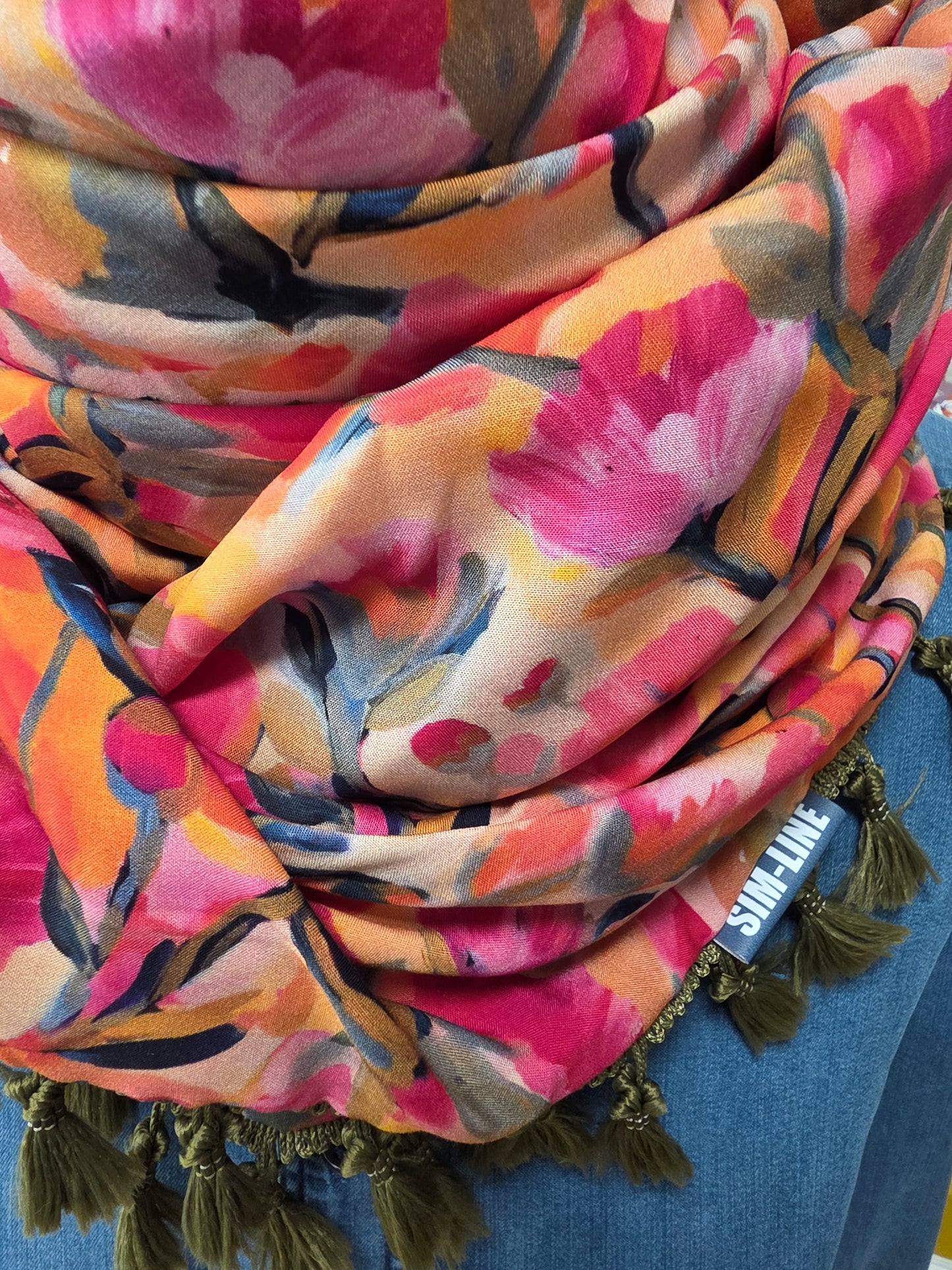 Dreieckstuch Damen Charlotte, Schal Damen, Blumen, pink, Olivgrün, orange