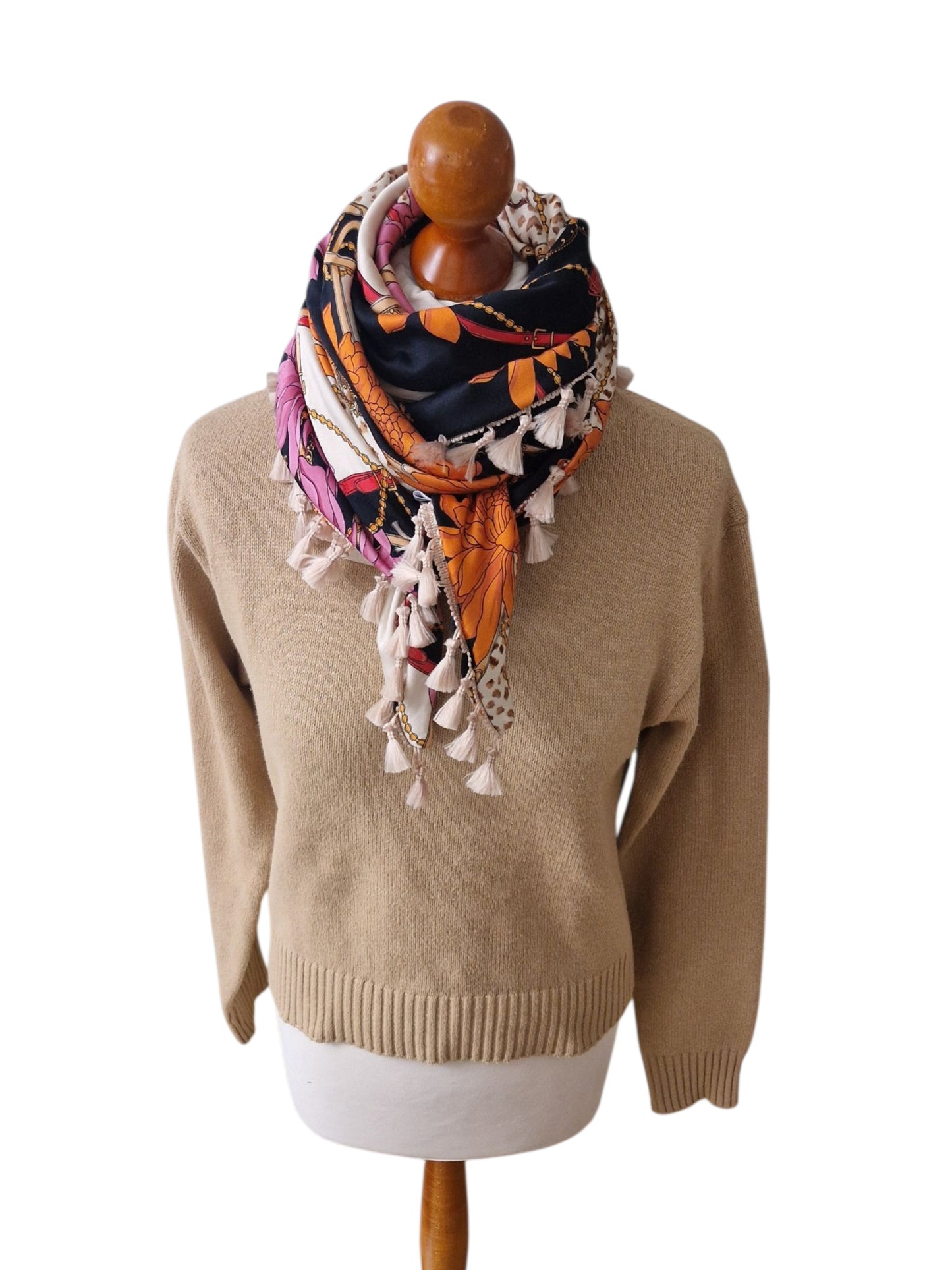 Dreieckstuch Damen Sylvie, Schal Damen, schwarz,  pink  orange, Leo, beige