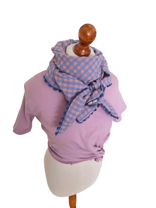 Dreieckstuch Damen Seraphine, Schal Damen, kariert, Seersucker, jeansblau-peach