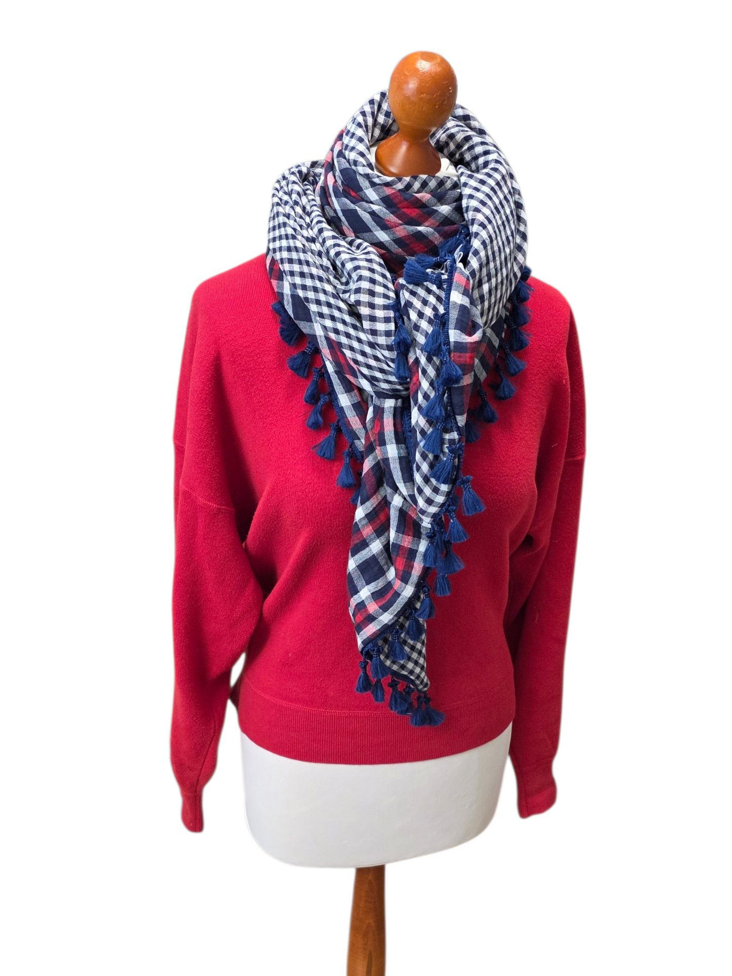 Dreieckstuch Damen Annette, Schal Damen, Musselintuch, kariert, weiss, blau, rot