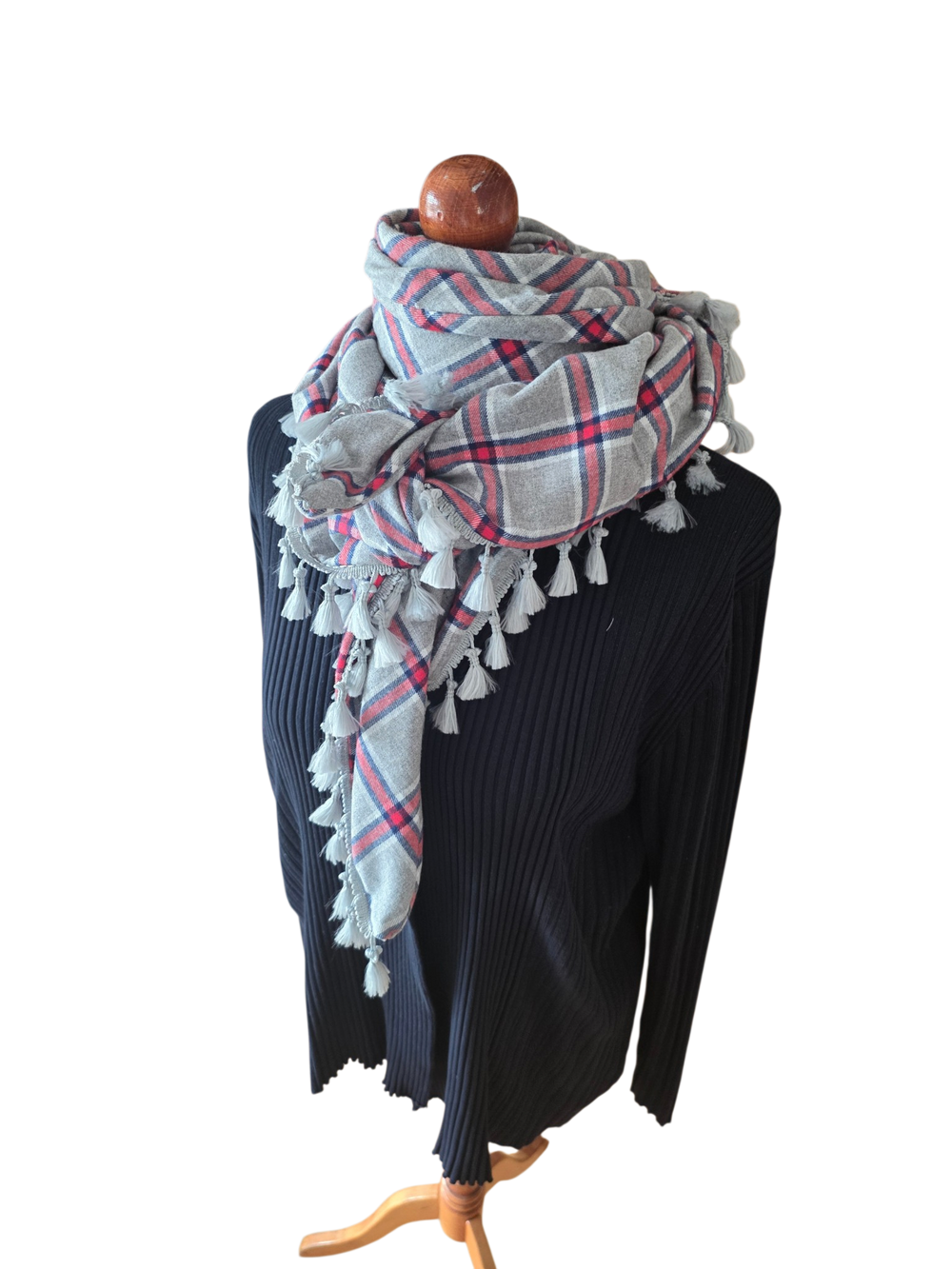 Dreieckstuch Damen Daria, Schal Damen,  kariert, hellgrau, marineblau, rot, Flanell