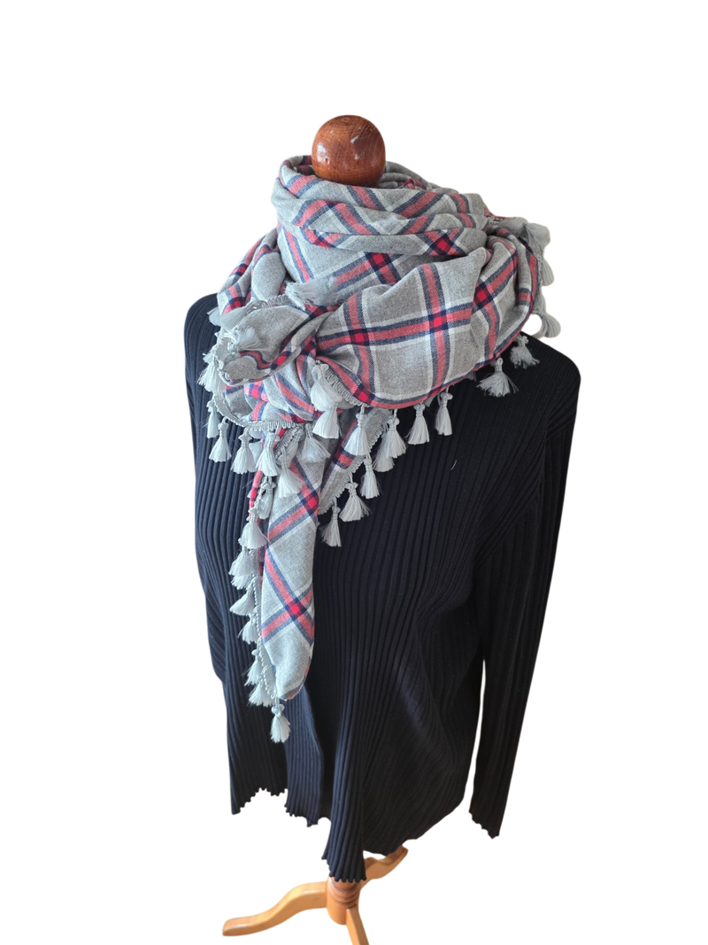 Dreieckstuch Damen Daria, Schal Damen,  kariert, hellgrau, marineblau, rot, Flanell