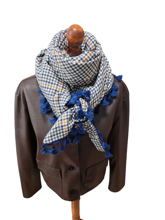 Dreickstuch Damen Sibilla, Schal Damen, kariert, blau, olivegrün, offwhite, senf