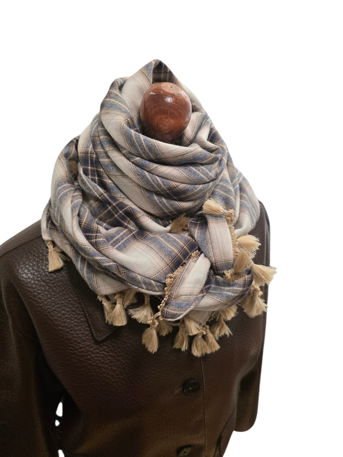 Dreieckstuch Damen Soleil, Schal Damen, kariert, ecrú, brun, dunkelblau, Flanell