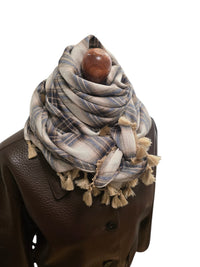 Dreieckstuch Damen Soleil, Schal Damen, kariert, ecrú, brun, dunkelblau, Flanell