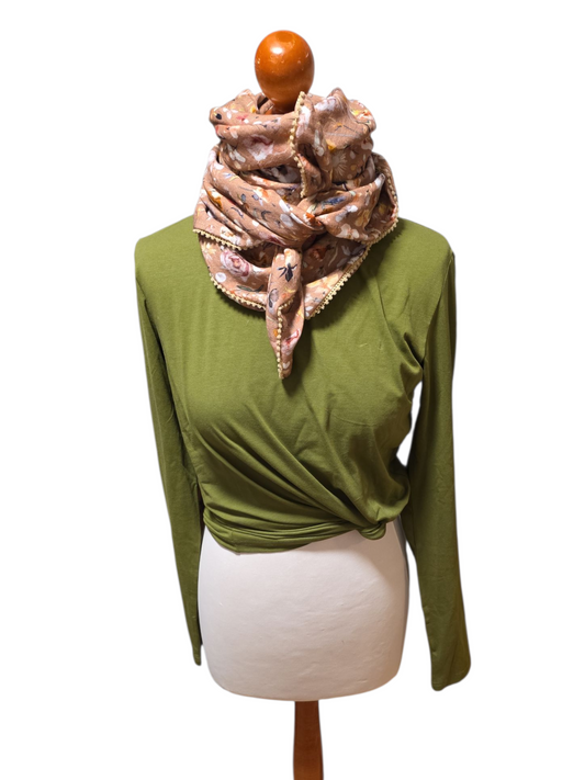 Dreieckstuch Damen Grace, Schal Damen, Musselintuch, marsala-altrosa, Blumen